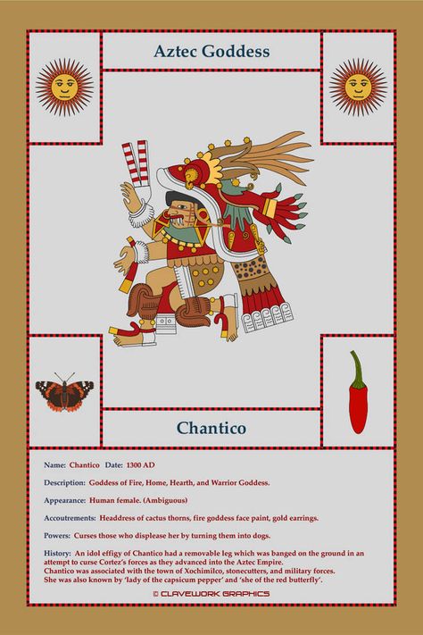 Chantico by Claveworks Aztec Goddess Chantico, Chantico Goddess, Aztec Mythology, American Mythology, Fire Goddess, Aztec Empire, Puerto Rican Culture, Aztec Art, Red Butterfly