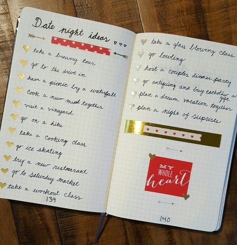 Bullet journal date night ideas! Bullet Journal Index Page, Bullet Journal Period Tracker, Journal Simple, Relationship Journal, Couples Journal, Bullet Journal Key, Habit Tracker Bullet Journal, Bullet Journal Ideas, Love Journal