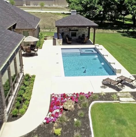 Inground Pool Walkout Basement, In Ground Rectangle Pools, Backyard Pool Designs Budget, Patio To Pool Transition, Simple Inground Pool, Inground Pool Ideas Backyards, Small Backyard With Pool, Pool With Pergola, Pool Backyard Ideas