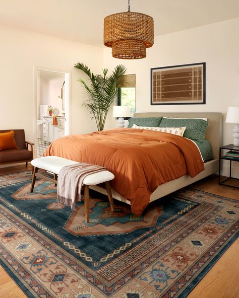 Bring global charm to any room with our Marcela Blue & Rose Rug‚Äîa contemporary Southwestern take on antiqued Kilim medallions. With hints of gold and a rich palette of dusty roses and deep ambers against an ocean blue background, its bold centrepiece and geometric border motifs create a unique bohemian design. Water-resistant, stain-resistant, and machine-washable. Rug colours may vary slightly according to your device and the lighting in your space. 60x90 | Machine Washable Area Rug | Kid & P Ocean Blue Background, Border Motifs, Zimmer Diy, Washable Area Rug, Style Deco, Bohemian Design, Decoration Inspiration, Machine Washable Rugs, Blue Rose