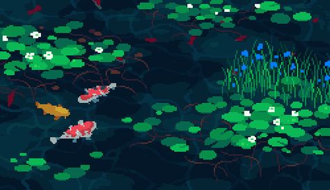 1041uuu is creating pixel art | Patreon Water Pixel Art, Computer Wallpaper Gif, Pixel Border, Pixel Art Banner, Japan Pixel Art, Pixel Water, Japan Pixel, Catfish Pond, Spring Gif