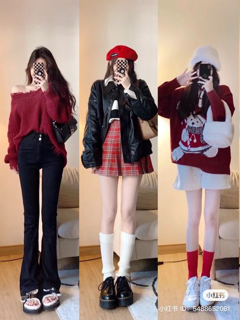 Korean Christmas Outfit, Red Black Outfit, Christmas Outfit Aesthetic, Outfit Korean Style, Mix Match Outfits, Beautiful Casual Dresses, Christmas Outfits Women, Outfit Korean, Trendy Dress Outfits