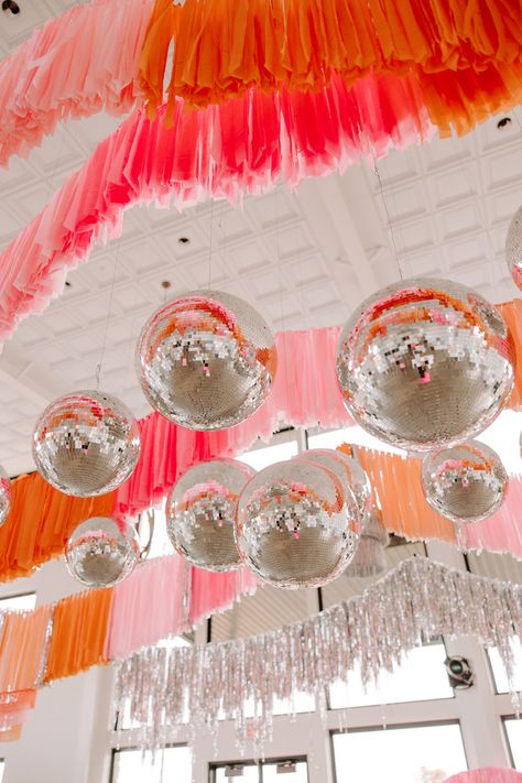 Bright Engagement Party, Bright Color Graduation Party, Disco Bloom Party, Sunset Decorations Party, Coachella Balloon Garland, Retro Grad Party, Colorful Disco Party, Orange And Pink Disco Party, Disco Bridal Shower Ideas