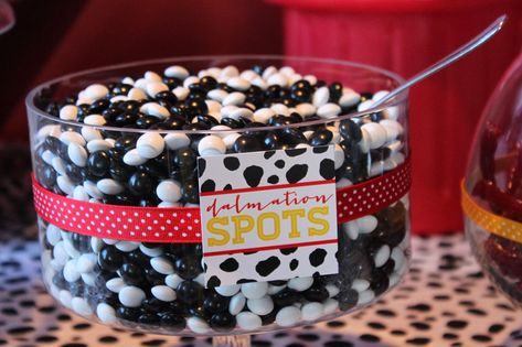 Firefighter Birthday Party! ⋆ Nico and Lala Firetruck Birthday Food Ideas, Dalmatian Party Food, Dalmation Party Ideas, 101 Dalmations Party Decor, Dalmatian Birthday Party, 101 Dalmatians Party, Dalmation Party, 101 Dalmations Party, Dalmatian Birthday