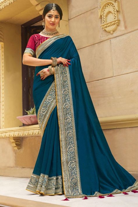 Teal Blue Silk Zari Embroidered Saree Contrast Saree, Bollywood Sarees Online, Wedding Wear Saree, Indian Wedding Lehenga, Blue Silk Saree, Pure Georgette Sarees, Teal Blue Color, Fancy Blouse, Designer Sarees Online