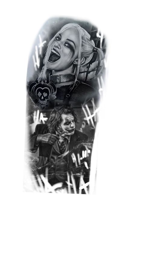 Joker Sleeve Tattoo, Harley Queen Tattoo, Tattoo Chicano Style, Joker And Harley Quinn Tattoo, Harley Quinn Tattoo Design, Harley Quinn Tattoos, Arm Tattoos For Guys Forearm, Dc Tattoo, Half Sleeve Tattoo Stencils