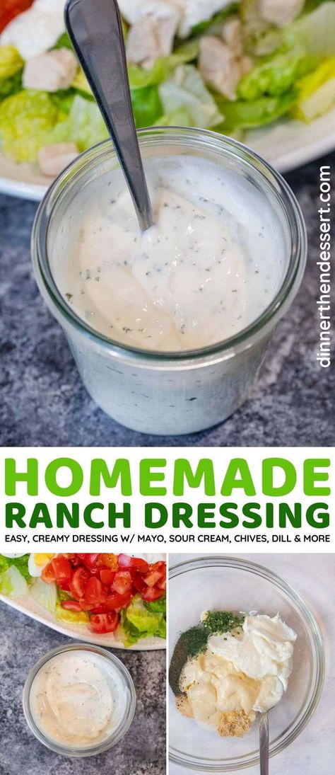 Easy Homemade Ranch Dressing is the ultimate ranch dip and dressing recipe made with mayonnaise, sour cream, chives, dill weed, and other pantry seasonings. Whole30 Ranch, Homemade Ranch Salad Dressing, Ranch Salad Dressing Recipes, Easy Dressing Recipe, Keto Ranch, Ranch Dressing Recipe Homemade, Buttermilk Ranch Dressing, Keto Salad, Ranch Salad