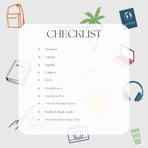 Checklist for small bag on plane. #travel #packingtips #packing #carryonessentials #traveltips #backpacking Plane Checklist, Carryon Essentials, Packing Checklist, Plane Travel, Air Plane, Bank Card, Packing Tips, Small Bag, Backpacking