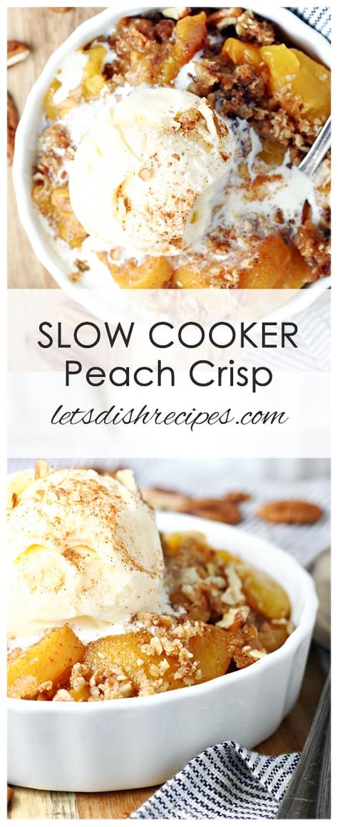 Crock Pot Peach Crisp, Crockpot Peach Dessert Recipes, Slow Cooker Crisp, Crockpot Peach Cobbler Fresh Peaches, Peaches In Crockpot, Peaches Crockpot Recipes, Healthy Crockpot Desserts, Peach Crockpot Recipes, Crockpot Pies