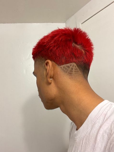 Red Hair Buzzcut, Red Dyed Hair Men, Cherry Red Hair Men, Buzz Cut Dye Designs, Bright Red Short Hair, Red Buzzcut, Vs Haircut, Alternative Guys, Red Hair Fade