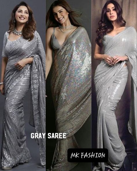 Grey Saree Makeup Look, Gray Saree Look, Grey Saree Makeup, Grey Indian Outfit, Grey Sari, Silver Saree, Revealing Dresses, Saree Wearing, Grey Saree