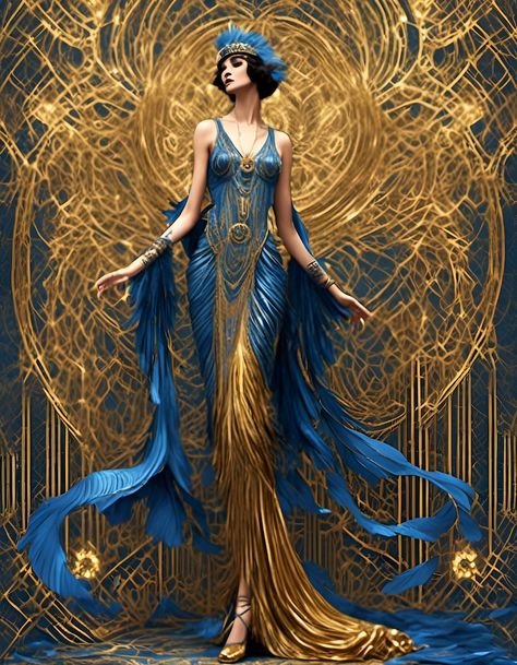 Blue and Gold Beautiful Art Deco Woman - Etsy Blue And Gold Gown, Art Deco Style Fashion, Art Deco Vogue, Art Deco Gown, Pinturas Art Deco, Art Nuevo, Art Deco Portrait, Art Deco Women, Art Deco Illustrations