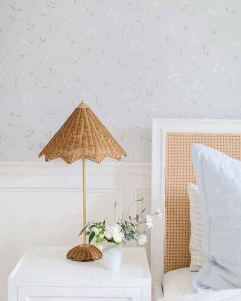 Monika Hibbs on Instagram: “I couldn’t be happier with this color palette happening in Lillya’s room. This sweet pea painted wallpaper from @sandbergwallpaper is…” Wicker Lamp, Monika Hibbs, Painted Wallpaper, Hampton House, Rattan Lamp, Wicker Table, Small Chandelier, Scallop Edge, The Paradise