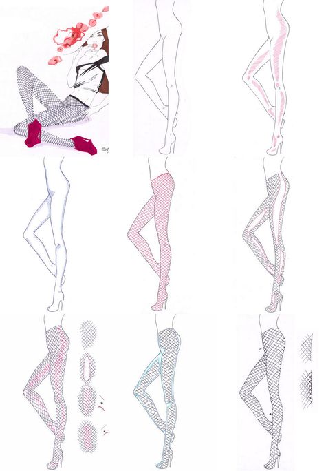 A step by step tutorial on how to draw fishnet. How To Draw Fishnet Tights, Fishnet Drawing Tutorial, How To Draw Mesh Fabric, How To Draw Tights, How To Draw Fishnets, Fishnet Drawing, Base Ideas, Drawing Legs, Drawing Help