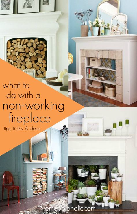 Dealing with a non-working fireplace -- tips, tricks, and ideas for decorating a fireplace that's non-functional Inactive Fireplace Decor, Non Functioning Fireplace Ideas, Closed Fireplace Ideas, Non Working Fireplace Ideas, Fireplace Ideas Non Working, Repurposed Fireplace, Non Working Fireplace, Empty Fireplace Ideas, Empty Fireplace