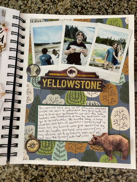 Yellowstone adventures #scrapbooking Roadtrip Scrapbook Ideas, Up Adventure Book Scrapbook, Rustic Scrapbook Ideas, Scrapbook Ideas Nature, Nature Scrapbook Ideas, National Park Scrapbook Layouts, Manifestation Scrapbook, Roadtrip Scrapbook, National Park Scrapbook