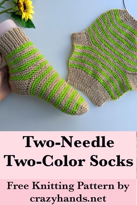 Learn how to knit two-color socks on two needles. Just knit a flat shape and then seam it into a sock. #knitflatsocks #knitflatslippers #flatknitting #knitsocks #knitslippers #knitsockspattern #knitslipperspattern Easy Flat Knit Socks, Easy Sock Knitting Patterns Free Beginner, How To Knit A Sock, Beginner Knit Socks Free Pattern, Knitted Bed Socks Free Pattern, 2 Needle Sock Pattern Free, Two Needle Socks Free Pattern, Flat Knit Socks Free Pattern, How To Knit Socks For Beginners