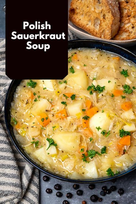 Dive into the rich traditions of Poland with this Traditional Polish Kapusniak. This sauerkraut soup is a classic, offering a unique and flavorful experience with every spoonful. Sourcrout Soup, Sour Kraut Soup, Polish Sauerkraut, Lent Meals, Easy Vegan Soup, Czech Food, Df Recipes, Sauerkraut Soup, Sauerkraut Recipes