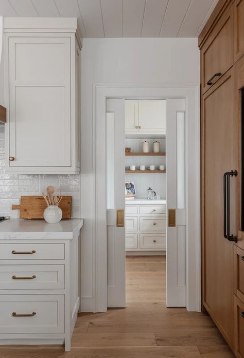 Panty Door, L Shaped Pantry, White Kitchen Pantry, White Pantry, Blue Laundry Rooms, Glass Pocket Doors, Off White Kitchens, Portfolio Project, Pantry Wall