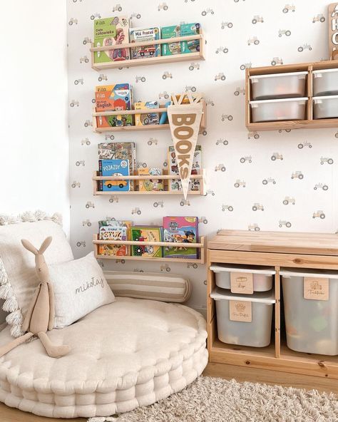 Book Wall Playroom, Baby Reading Nook, Reading Corner For Toddlers, Reading Nook Toddler Room, Reading Corner Playroom, Children Reading Corner, Nugget Reading Nook, Reading Nook In Bedroom Kids, Small Space Playroom Ideas