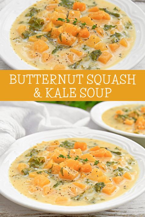 Butternut Squash and Kale Soup ~ A rich and comforting plant-based soup that's easy to make and packed with flavors of the season! Butternut Squash And Kale, Veal Stew, Butternut Squash Kale, Kale Soup Recipes, Healing Soup, Indian Soup, French Soup, Pork Soup, Wfpb Recipes