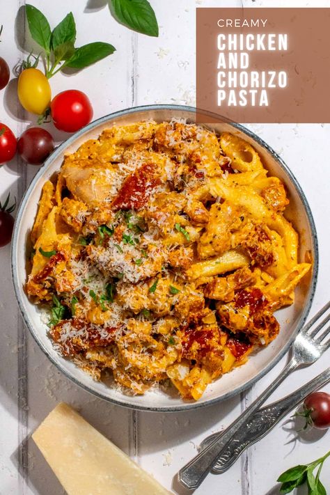 Creamy chicken and chorizo pasta in a white bowl on a white washed background. Chorizo Pasta Recipes, Chicken And Chorizo Pasta, Chicken And Chorizo, Chorizo Pasta, Cold Wine, Lemon Garlic Pasta, Steak Pasta, Quick Pasta Recipes, Weekend Dinner