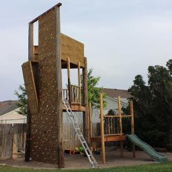 Backyard Climbing Wall, Backyard Climbing, Acreage Ideas, Boulder Wall, Backyard Fort, Platform Deck, Bouldering Wall, Backyard Playhouse, Backyard Swings