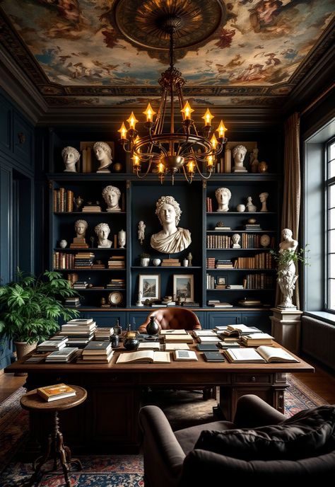 Dark Academia Decor Dark Academia Piano Room, Dark Academia Storage Ideas, Office Decor Dark Academia, Ancient Room Aesthetic, Dark Academia Small Room, British Academia Aesthetic, Museum Room Aesthetic, Academia House Aesthetic, Dark Academia Studio Apartment