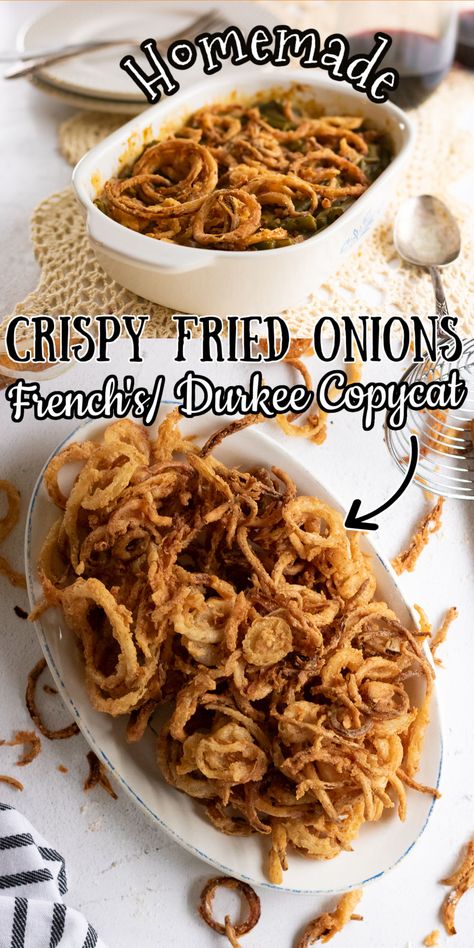 Fried Green Onions, How To Make Homemade French Fried Onions, How To Make French Fried Onions, Homemade Fried Onions, Durkee Fried Onion Recipes, Homemade Frenches Fried Onions, Fried Onions For Green Bean Casserole, Fried Onion Casserole, Homemade Fried Onions For Casserole