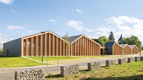 With École Les Coteaux Fleuris, HEMAA Architectes and Hesters-Oyon Create a Local Attraction | Architectural Record Modular Housing, Timber Buildings, Photovoltaic Panels, Farm Buildings, School Building, Modular Design, Architecture Project, Contemporary Architecture, Picture Gallery