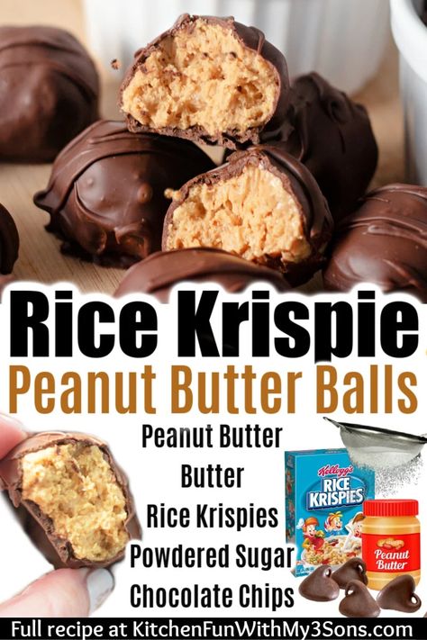 Peanut Butter Balls with Rice Krispies are a delicious little candy you can make so easily in your own kitchen. A perfect candy for the holidays, an after school snack, a party, or any time you just need a sweet chocolate-peanut butter treat. Peanut Butter Rice Crispy Balls, Rice Krispie Peanut Butter Balls Recipe, Krispie Peanut Butter Balls, Rice Krispie Peanut Butter Balls, Rice Krispie Peanut Butter, Xmas Baking, Peanut Butter Balls Recipe, Flourless Cookies, After School Snack