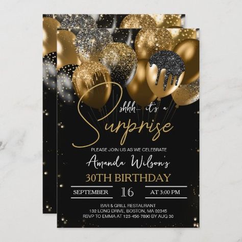 $2.98 | Black Gold Glitter Balloons 30th Surprise Birthday - elegant, birthday, women, surprise, 30th, gold, black and gold, balloons, men, adult Gold Glitter Balloons, 60th Birthday Ideas For Mom, Surprise 50th Birthday Party, Surprise 30th Birthday, Surprise Party Invitations, 60th Birthday Party Invitations, Surprise Birthday Invitations, Black And Gold Balloons, Balloon Invitation