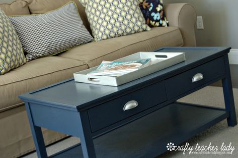 Navy Blue Coffee Table Navy Coffee Table, Interior Design Girls Bedroom, Blue Coffee Table, White Slipcovers, Blue Coffee Tables, Coffee Table Makeover, Reclaimed Furniture, Furniture Rehab, Table Makeover