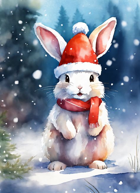 Christmas Bunnies, Christmas Rabbit, Rabbit Wallpaper, Bunny Painting, Winter Watercolor, Christmas Card Art, Holiday Painting, Watercolor Christmas Cards, Childrens Christmas