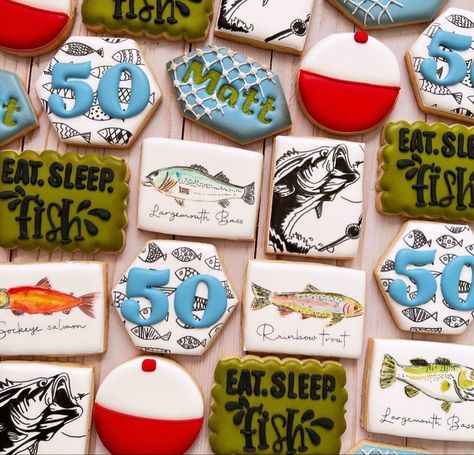 Bass Fish Cookies Decorated, Fishing Theme Cookies Decorated, Fishing Birthday Cookies Decorated, Fish Themed Cookies, Lake Themed Cookies, Lake Theme Cookies Decorated, Fishing Cookies Decorated, Fish Cookies Decorated, Fishing Cookies