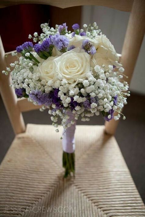 Purple statice flowers and white roses with baby's breath Prom Flowers Bouquet, Prom Bouquet, Wedding Flowers Tulips, Wedding Flower Guide, Bright Wedding Flowers, Purple Bridal Bouquet, Modern Wedding Flowers, Tropical Wedding Flowers, Prom Inspo