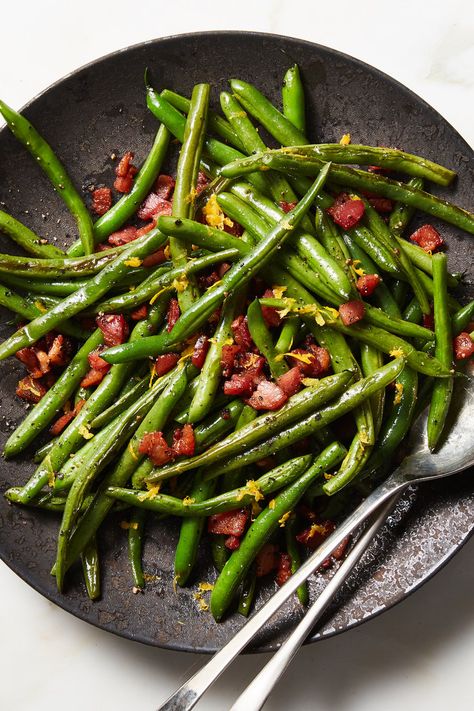 Roasted Green Beans With Pancetta and Lemon Zest Recipe - NYT Cooking Green Beans With Pancetta, Green Beans Thanksgiving, Bacon Green Beans, Lemon Zest Recipes, Green Bean Dishes, Christmas Side, Roasted Green Beans, Thanksgiving Recipes Side Dishes, Bacon Grease