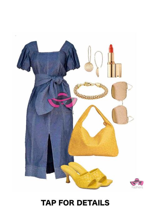 Styling a midi casual denim dress! belted dress with yellow mules and shoulder bag! Outfit created with Fashiers app! visit fashiers.com! #denimdress #fashiontrends #trendyfashion #streetstyle #springstyle Yellow Sandals Outfit, Tote Bag Outfit, Shoulder Bag Outfit, Casual Denim Dress, Yellow Tote Bag, Blue Denim Dress, Yellow Sandals, Bag Outfit, Sandals Outfit