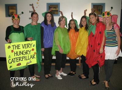 Hungry Caterpillar easy to make Halloween Costume Easy Group Costume Ideas, Hungry Caterpillar Costume, Costume Ideas For Teachers, Caterpillar Costume, Caterpillar Book, Fruit Costumes, Book Character Day, Halloween Costumes For Work, Teacher Halloween Costumes