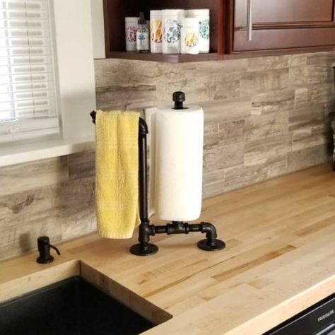 Kitchen Paper Towel Holder Ideas, Top Of Fridge Decor, Paper Towel Holder Ideas, Towel Holder Ideas, Diy Towel Holder, Hand Towel Holder Ideas, Unique Paper Towel Holder, Industrial Towel Holder, Rustic Paper Towel Holders