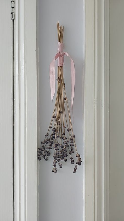 Lavender being hung with a pink bow inside house Hanging Lavender Decor, Hanging Lavender, Dried Lavender Decor, Lavendar Walls, Concrete Room, Lavender Decor, Lavender Plant, Dried Lavender, Dreamy Bedrooms