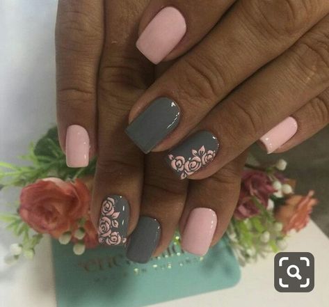 Grey And Pink Nails, Pink And Grey Nails, Grey Nails, Grey Nail Designs, Nail Drawing, Diva Nails, Glitter Gel Nails, Work Nails, Fall Acrylic Nails