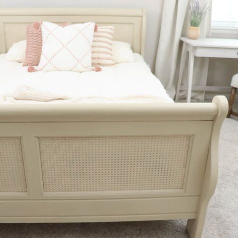 DIY Cane Headboard Makeover — prettydistressed Diy Sleigh Bed Makeover, Refinished Headboard, Sleigh Bed Makeover, Diy Cane Headboard, Headboard Makeover, Cane Headboard, Painted Headboard, Bed Makeover, Boho Headboard