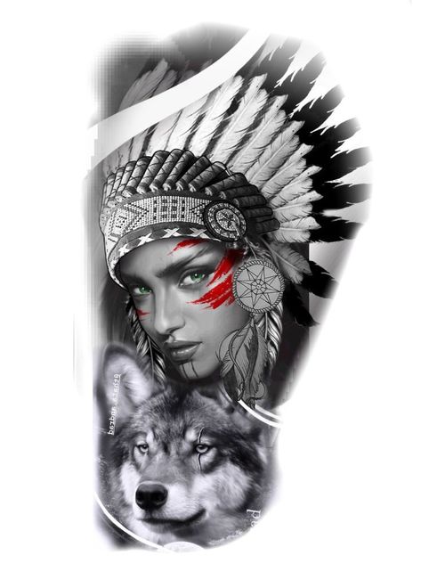 Indian Women Tattoo, Indian Girl Tattoos, Headdress Art, Indian Tattoo Design, Native American Tattoos, Native Tattoos, Tattoo Filler, Realistic Tattoo Sleeve, Black Cat Tattoos