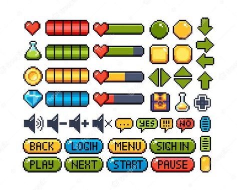 Premium Vector | Set of 8bit pixel graphics icons isolated vector illustration game interface button navigation 8 Bit Illustration, 8bit Game Design, Pixel Game Ui, Pixel Button, Pixel Graphic Design, 8bit Icons, 8 Bit Icons, Game Interface Design, Pixel Map