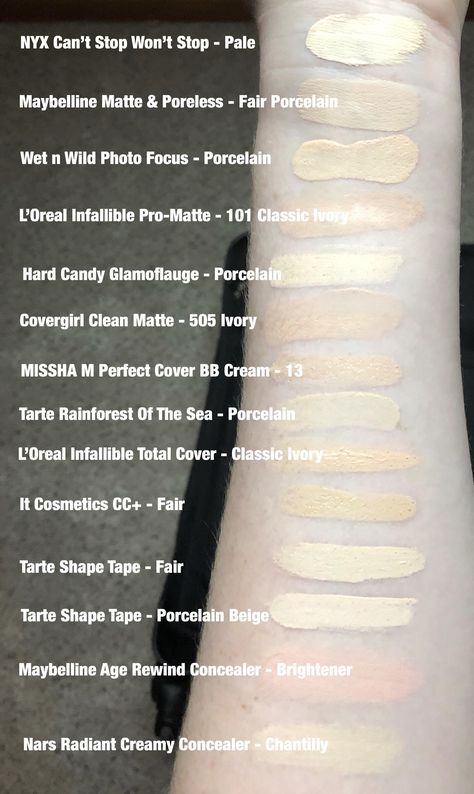 Pale Foundation, Maybelline Age Rewind Concealer, Pale Skin Makeup, White Skin Tone, Foundation Swatches, Vision Bored, Pale Complexion, Makeup Over 50, Porcelain Skin