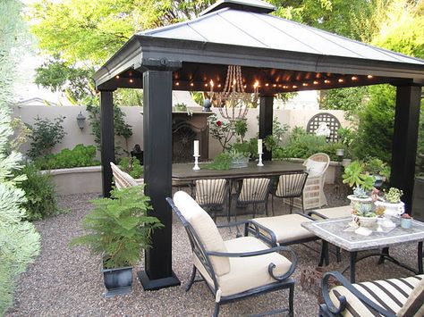 Love the gravel patio, the metal gazebo, the lights... Design Per Patio, Gazebo Lighting, Diy Patio Pavers, Gazebo Ideas, Patio Pavers Design, Gravel Patio, Hardtop Gazebo, Backyard Gazebo, Cozy Backyard