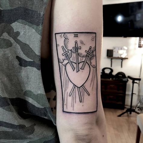 Tarot Tattoos, Three Of Swords, Tarot Card Tattoo, Tarot Tattoo, White Tattoos, Omerta Tattoo, 4 Tattoo, Detailed Tattoo, Card Tattoo