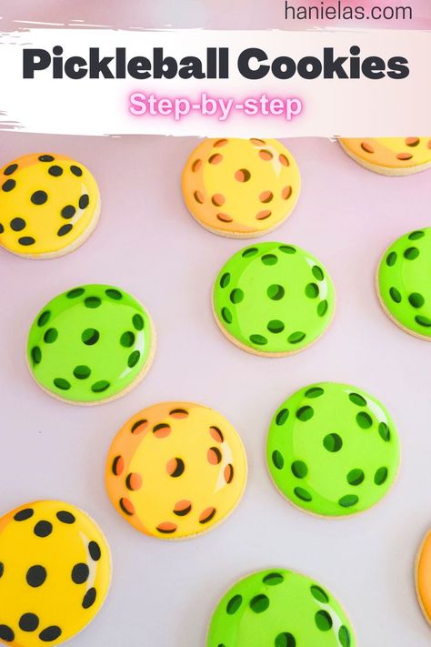 Step-by-step Pickleball Cookies Tutorials. These decorated pickleball cookies are more than just a sweet treat; they are a celebration of the game of pickleball! Pickle Ball Decorated Cookies, Pickleball Party Food, Pickleball Event Ideas, Pickleball Birthday Party Ideas, Pickle Ball Birthday Party, Pickle Ball Cookies, Pickleball Cookies Decorated, Pickleball Cake Ideas, Pickleball Cupcakes