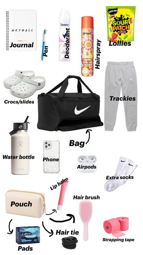 #netball #netballcarnival #whatsinmybag Stuff To Put In Your Volleyball Bag, Netball Bag Essentials, Volleyball Camp Packing List, Volleyball Bags Ideas, What To Pack In Your Volleyball Bag, Volleyball Bag Essentials List, What To Keep In Backpack, Sports Bag Essentials, Netball Kit